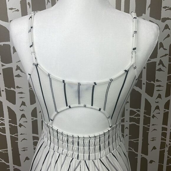 Boho hi-lo white and black striped ruffle trim back cutout maxi dress - Picture 8 of 15